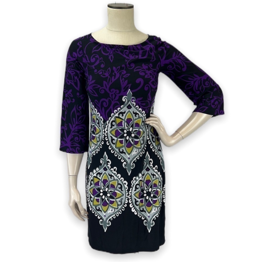 𝅺LUCY & Laurel 3/4 Sleeve Shift Dress‎ Geometric Pattern Size 4